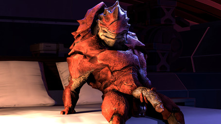 4_balls balls bed bedroom furniture genitals leaning looking_at_viewer male multi_balls multi_genitalia muscular muscular_humanoid muscular_male not_furry penis pose red_body red_scales scales solo thick_penis hadronighini bioware electronic_arts mass_effect urdnot_wrex alien humanoid krogan 3d_(artwork) digital_media_(artwork) hi_res pinup