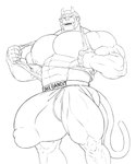 abs anthro barazoku big_biceps big_bulge big_pecs bulge clothing fangs genitals horn jockstrap male monkey_tail muscular muscular_arms muscular_male musuclar_legs pecs penis solo tearing_own_clothing tearing_shirt teeth thick_thighs underwear buzzybub absurd_res hi_res monochrome