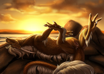 ankle_tuft anus bedroom_eyes between_toes bodily_fluids claws detailed_background detailed_scales dripping feet female feral genital_fluids genitals green_sclera hair holding_feet horizon horn leg_tuft long_tail looking_at_viewer lying mane narrowed_eyes on_back outside pose presenting presenting_vulva pupils scales sea seductive sharp_teeth side_view sky slit_pupils smile solo sun sunrise tail tail_anus tail_mane teeth toes tongue tongue_out tuft vaginal_fluids vulva water white_claws white_hair white_horn white_mane gardeaalgedo asian_mythology east_asian_mythology mythology ilyniel dragon eastern_dragon mythological_creature mythological_scalie scalie 2017 brown_theme detailed digital_media_(artwork) hi_res restricted_palette warm_colors