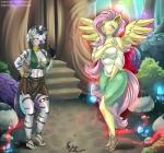 2019 alicorn_amulet anthro body_size_growth breasts cleavage clothed clothing draltruist duo equid equine feathers female fluttershy_(mlp) friendship_is_magic glowing growth hasbro horn horn_growth magic mammal my_little_pony mythological_creature mythological_equine mythology neck_ring piercing size_transformation transformation winged_unicorn wings zebra zecora_(mlp)