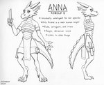 anthro armlet big_tail bottomwear cheek_spikes chest_wraps claws clothing digitigrade ear_piercing ear_ring facial_spikes female female_symbol finger_claws flat_chested gender_symbol horn knife legband loincloth piercing pupils ring_piercing scales sheathed_weapon slit_pupils solo spiked_tail spikes spikes_(anatomy) symbol tail text toe_claws wraps dogwash anna_(dogwash) kobold scalie character_name english_text model_sheet monochrome pen_(artwork) traditional_media_(artwork)