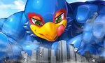 anthro beak blue_body blue_feathers city cloud destruction feathers giga green_eyes holding_out_hand looking_down looming low-angle_view macro male muscular muscular_male tongue tongue_out mayar nintendo star_fox falco_lombardi avian bird 5:3 bust_portrait hi_res portrait