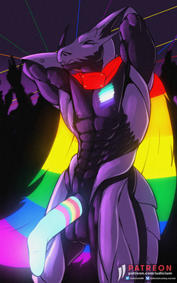 anthro armor balls biped cape clothing cock_sock dancing erection footwear genitals hands_behind_head lgbt_pride male muscular penis penis_clothing pride_color_clothing pride_colors public public_nudity rave socks solo standing text iudicium86 bandai_namco digimon mythology digimon_(species) dragon hackmon mythological_creature mythological_scalie scalie 5:8 hi_res url