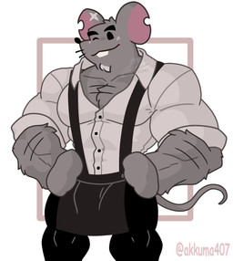 anthro apron biped black_eyes black_nose bottomwear clothing dot_eyes fur grey_body grey_fur male muscular muscular_male one_eye_closed pants shirt simple_background simple_eyes solo standing topwear wink akkuma407 cookie_run cheesemaster_(cookie_run) mammal murid murine rat rodent 2026 hi_res