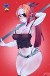 2:3 300yen breasts clothed clothing eye_patch eyewear felid feline female fish hair hi_res looking_at_viewer mammal marine melee_weapon non-mammal_breasts polearm red_hair signature solo spear undertale undertale_(series) undyne weapon wwwazxc