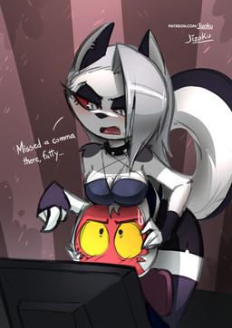 anthro bodily_fluids boob_hat breasts clothed clothing collar duo electronics female hair long_hair monitor red_sclera spiked_collar spikes sweat sweatdrop text jizoku hellaverse helluva_boss mythology loona_(helluva_boss) moxxie_(helluva_boss) canid canid_demon canine demon hellhound mammal mythological_canine mythological_creature 2022 absurd_res digital_media_(artwork) english_text hi_res shaded url