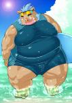 anthro bulge clothing eyewear male mohawk one_eye_closed overweight overweight_anthro overweight_male solo sunglasses tight_clothing water wink tomoyamaru lifewonders tokyo_afterschool_summoners ganglie_(tas) mammal suid suine sus_(pig) wild_boar 2018