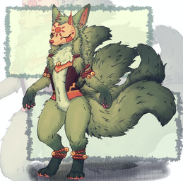 4_tails anthro bell blind calm clothing crotch_tuft dark_paws dark_tail_tip dipstick_tail disability fur green_body green_fur male markings mask multi_tail pawpads paws pointy_ears prick_ears red_clothing red_ropes red_sun red_topwear red_vest rope several_tails sleeveless_shirt solo sun tail tail_markings topwear tuft vest aziel14041985 ri_hu_(aziel14041985) canid canine fox mammal black_and_white hi_res monochrome sketch