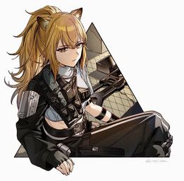 belt blonde_hair clothed clothing eyebrows eyelashes female hair midriff ponytail shirt solo topwear yellow_eyes oxy_(ho2) arknights hypergryph studio_montagne siege_(arknights) animal_humanoid felid felid_humanoid humanoid lion_humanoid mammal mammal_humanoid pantherine pantherine_humanoid hi_res