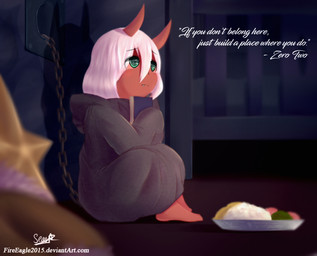 bed blush book chain clothing coat fangs female food furniture heart_symbol not_furry plate rice sitting solo star teeth text topwear senz asian_mythology darling_in_the_franxx east_asian_mythology japanese_mythology mythology studio_trigger eo_to zero_two_(ditf) demon oni yokai 2018 english_text hi_res
