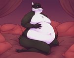 anthro bed belly big_belly black_body black_fur black_hair black_nails black_nose chest_tuft colored_nails eyewear fluffy fluffy_tail fur furniture glasses green_eyes hair hand_on_belly looking_at_viewer male moobs nails navel on_bed overweight overweight_male pawpads paws short_hair sitting sitting_on_bed smile solo tail tuft white_body white_fur aucherr xavious canid canine canis mammal wolf 2023 hi_res