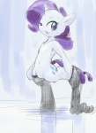 anthro biped blue_eyes blue_eyeshadow bodily_fluids clothing cutie_mark eyeshadow female flat_chested fur genitals hair horn legwear makeup purple_hair pussy solo standing stockings sweat white_body white_fur yajima friendship_is_magic hasbro my_little_pony mythology rarity_(mlp) equid equine mammal mythological_creature mythological_equine unicorn 2014