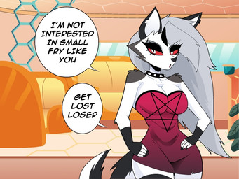 anthro breasts clothing collar dress female fingers fur grey_hair hair looking_at_viewer red_sclera solo spiked_collar spikes tail text white_body white_eyes white_fur carliabot hellaverse helluva_boss mythology loona_(helluva_boss) canid canid_demon canine demon hellhound mammal mythological_canine mythological_creature 2025 4:3 english_text