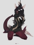 anthro black_sclera bottomwear bound breasts button_(fastener) chain chained clothed clothing cuff_(restraint) curvy_figure dark_hair ear_piercing female fin fin_piercing furgonomics furry-specific_piercing grey_clothing hair hands_above_head highlights_(coloring) hourglass_figure inner_thigh insignia kneeling leg_muscles looking_at_viewer markings messy_hair narrowed_eyes non-mammal_breasts non-mammal_ears non-mammal_hair office_clothing one_eye_obstructed orange_eyes panties piercing red_body red_skin restrained restraints shirt skirt small_waist solo spread_legs spreading suit suit_jacket topwear underwear upskirt vest white_markings wide_hips wrist_cuffs hale. rose_(kamikazekit) fish marine shark 3:4 hi_res