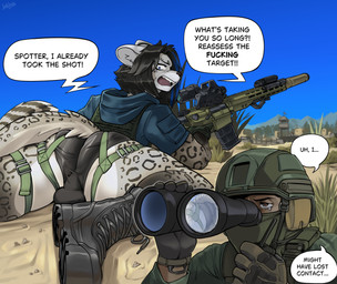 anthro armor assault_rifle balls_outline binoculars black_hair blue_eyes blue_highlights bodily_fluids boots bulge clothing detailed_background detailed_bulge dialogue duo femboy footwear genital_outline gloves gun hair handwear headgear helmet highlights_(coloring) looking_back male military open_mouth outside profanity ranged_weapon reflection rifle shoes sky speech_bubble spots teardrop tears text weapon yelling gp_warrior verith_(magazineimp) felid feline human mammal pantherine snow_leopard absurd_res english_text hi_res