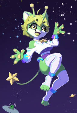 4_fingers antennae_(anatomy) anthro breasts clothing eyebrow_through_hair eyebrows eyelashes feet female fingers green_body green_hair hair heart_eyes heart_symbol open_mouth open_smile pawpads smile solo space toeless_legwear toeless_thigh_highs translucent translucent_hair ufo yellow_eyes miakameron alien domestic_cat felid feline felis mammal 2026 absurd_res hi_res