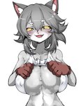 5_fingers :3 anthro anthrofied bedroom_eyes big_breasts biped blush bodily_fluids breasts cleavage clothed clothing collarbone cute_fangs female female_anthro fingers front_view gloves grey_body grey_hair hair handwear kemono looking_at_viewer narrowed_eyes navel nipple_outline open_:3 open_mouth presenting presenting_breasts pupils raised_clothing raised_shirt raised_tank_top raised_topwear saliva seductive shirt simple_background slit_pupils solo sweat tank_top topwear white_background yellow_sclera kamen_no_hito kumamine safety_cat genba_neko domestic_cat felid feline felis mammal 3:4 hi_res