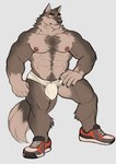 abs anthro areola big_muscles briefs bulge chest_tuft clothing detailed_bulge footwear hand_on_hip male muscular muscular_anthro muscular_male nipples pecs red_eyes shoes solo tighty_whities tuft underwear white_briefs white_clothing white_underwear adios canid canine canis mammal wolf absurd_res hi_res