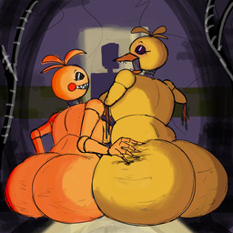 anthro beak beakless big_butt black_sclera breasts butt duo eyelashes feathers female hand_on_butt head_feathers head_tuft huge_butt looking_at_viewer looking_back looking_back_at_viewer machine nude orange_body orange_feathers purple_eyes rear_view rosy_cheeks sharp_teeth sitting smile teeth tuft white_eyes wire yellow_body yellow_feathers freaktar3 five_nights_at_freddy's five_nights_at_freddy's_2 scottgames toy_chica_(fnaf) withered_chica_(fnaf) animatronic avian bird chicken galliform phasianid robot 1:1 hi_res