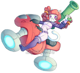 anthro female fur hair holding_object holding_weapon motorcycle ranged_weapon red_hair rocket_launcher smile solo tail vehicle weapon white_body white_fur zipskyblue kyoko_(zipskyblue) felid feline mammal