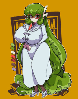 big_breasts blue_clothing bookshelf breasts clothing color_swatch eyewear female footwear furniture glasses gold_background green_tentacles hair hand_on_belly high_heels huge_breasts legwear long_hair looking_at_viewer pseudo_hair red_eyes sand_body shoes solo stockings suction_cup tan_body tentacle_hair tentacles thick_thighs timid nupi nintendo pokemon wincirina_(nickzilla) animal_humanoid aquatic aquatic_humanoid cephalopod cephalopod_humanoid coleoid gardevoir generation_3_pokemon humanoid mollusk mollusk_humanoid octopodiform octopus pokemon_(species) hi_res