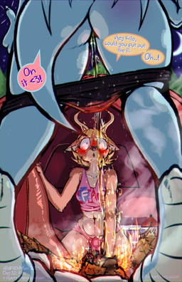 barefoot blush bodily_fluids bulge butt campfire camping clothing countershade_feet countershading dialogue digitigrade erection feet fire genital_fluids genitals heart_symbol homophobic_slur lamp lantern navel night panties peeing shirt slur soles tank_top tent text topwear underwear urine view_through_legs vulva watersports frist44 mythology kello_(lewdles) kilo_(lewdles) deer dragon mammal mythological_creature mythological_scalie scalie 2025 english_text hi_res trans_(lore)