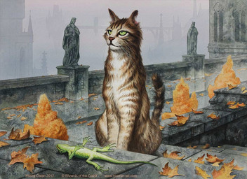 ambiguous_gender bridge brown_body brown_fur building duo feral fur green_body green_scales leaf looking_up lying on_back outside ravnica scales sculpture sitting statue stone_floor tail whiskers milivoj_ceran hasbro magic:_the_gathering wizards_of_the_coast domestic_cat felid feline felis lizard mammal reptile scalie 2017 official_art