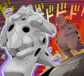 anthro back_spines belly biped breath_powers butt duo elemental_manipulation featureless_crotch fire fire_breathing fire_manipulation grey_body looking_at_another navel nude_anthro red_body red_scales rock scales tail tail_spines text foxray jojo's_bizarre_adventure menacing_approach mewgenics stardust_crusaders pyrophina_(mewgenics) zaratana_(mewgenics) elemental_creature felid feline hybrid kaiju mammal mineral_fauna reptile rock_creature scalie hi_res japanese_text female_(lore)