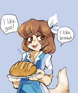 4_fingers accessory anthro apron arm_tuft biped blue_apron blue_background blue_clothing blue_topwear blush blush_lines bread_loaf breasts brown_ears brown_eyes brown_hair brown_nose brown_tail cheek_tuft clothed clothing curled_tail dialogue elbow_tuft exclamation_point facial_tuft fangs female female_anthro fingers floppy_ears fluffy fluffy_tail food hair hair_accessory hair_ribbon head_tuft holding_bread holding_food holding_object holding_plate looking_at_viewer lop_ears multicolored_body open_mouth plate ribbons shirt simple_background solo speech_bubble tail tail_motion tail_tuft talking_to_viewer teeth text tongue topwear tuft two_tone_body white_clothing white_ribbon white_shirt white_topwear fiddleafox elka_(fiddleafox) bird_dog canid canine canis cavalier_king_charles_spaniel domestic_dog hunting_dog mammal spaniel toy_dog 2020 digital_drawing_(artwork) digital_media_(artwork) english_text hi_res portrait shaded