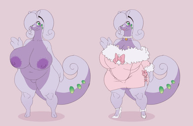 anthro anthrofied areola big_breasts breasts clothed clothing dress feet female female_anthro fingers footwear front_view gem genitals green_eyes high_heels huge_breasts jewelry lips lipstick looking_at_viewer makeup markings mole_(marking) necklace nipples nude pearl_(gem) pearl_necklace pokemorph purple_areola purple_body purple_nipples shoes simple_background smile solo tail thick_thighs topwear vulva gatoradeew mythology nintendo pokemon fan_character gina_(jenkinsc37) dragon generation_6_pokemon goodra mythological_creature mythological_scalie pokemon_(species) scalie absurd_res digital_drawing_(artwork) digital_media_(artwork) hi_res model_sheet