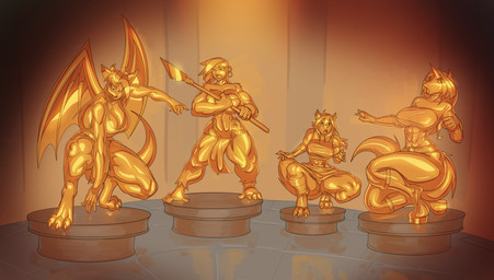 abs anthro big_breasts bottomwear breasts clothing crouching digitigrade female gold_(metal) group hair holding_melee_weapon holding_object holding_polearm holding_spear holding_weapon horn inanimate_transformation loincloth long_hair melee_weapon muscular muscular_anthro muscular_female on_display petrification polearm spear tail thick_thighs transformation weapon wings javkiller mythology purity_dewinter stormwave_(character) tarkonia_(tarkontheape) tribeca_(stormwave) ape canid canine equid equine fox gargoyle haplorhine mammal mythological_creature mythological_equine primate unicorn hi_res