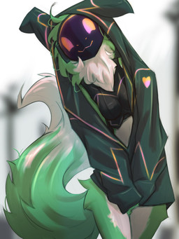 :3 anthro biped breasts clothed clothed_anthro clothed_female clothing countershade_fur countershade_torso countershading female front_view fur green_body green_fur green_tail machine screen screen_face smile solo standing tail topwear visor tinygaypirate protogen 2025 3:4 digital_media_(artwork) hi_res