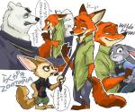 anthro clothed clothing female fur group male text white_body white_fur budino disney zootopia finnick_(zootopia) judy_hopps koslov_(zootopia) nick_wilde bear canid canine fennec_fox fox lagomorph leporid mammal polar_bear rabbit red_fox true_fox ursine japanese_text translation_request