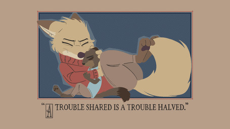 3_toes 4_fingers anthro barefoot blue_clothing blue_shirt blue_topwear bottomwear brown_background brown_body brown_bottomwear brown_clothing brown_fur brown_pants clothed clothing countershade_fur countershading dipstick_ears dipstick_tail duo ear_markings eyes_closed feet female fingers fully_clothed fur head_tuft hug interspecies larger_female male male/female markings multicolored_ears pants pawpads red_clothing red_sweater red_topwear shirt simple_background sitting size_difference smaller_male sweater tail tail_markings tan_body tan_fur text toes topwear tuft turtleneck conditional_dnp tangerine_(artist) pack_street charlie_(weaver) marty_(weaver) canid canine corsac_fox fox mammal mustelid musteline stoat true_fox true_musteline weasel 16:9 2026 aliasing binary_drawing digital_drawing_(artwork) digital_media_(artwork) english_text hi_res widescreen