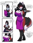 anthro apron apron_only big_breasts black_body black_fur black_hair blush breast_growth breasts chicken_meat chicken_nugget clothed clothing dialogue female female_focus food fur gender_transformation growth hair hair_growth happy long_hair male meat mind_alteration mtf_transformation open_mouth personality_change red_body red_fur solo species_transformation speech_bubble surprised_expression tail text thick_thighs transformation transformation_sequence white_body white_fur hostile-elf i_mean_breast_milk canid canine canis fox hybrid mammal wolf colored comic english_text hi_res meme