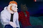 anthro black_nose clothed clothing detailed_background duo grass male night outside plant sitting sky smile star starry_sky text yellow_eyes nerton bear canid canine canis mammal wolf 2020 digital_media_(artwork) url