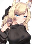 blonde_hair blue_eyes breasts clothing female fur gesture hair hand_gesture hickey inner_ear_fluff looking_at_viewer pointing ribbed_clothing ribbed_sweater smile solo sweater topwear tuft white_body white_fur wakamepiza arknights hypergryph studio_montagne whislash_(arknights) animal_humanoid equid equid_humanoid humanoid mammal mammal_humanoid 2020 half-length_portrait hi_res portrait