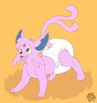 ambiguous_gender blush clothing diaper diaper_fetish feral forked_tail hole_in_ear open_mouth paws smile solo tail teeth unusual_anatomy unusual_tail bubblepuppers nintendo pokemon eeveelution espeon generation_2_pokemon pokemon_(species) absurd_res hi_res watermark