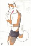 anthro artist_logo black_clothing black_underwear canid canine clothed clothing fluke fur green_eyes hi_res jewelry lock locker_room logo looking_at_viewer male mammal necklace open_mouth padlock simple_background solo topless underwear white_body white_fur