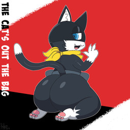 anthro belt big_butt black_body black_fur black_tail blue_eyes butt claws dipstick_tail fur gesture glistening glistening_butt hand_gesture inner_ear_fluff kerchief looking_back male markings mask outline pawpads paws rear_view red_background simple_background smile solo tail tail_markings teeth text tuft white_body white_fur slem atlus megami_tensei persona_(series) persona_5 sega morgana_(persona) domestic_cat felid feline felis mammal tuxedo_cat 1:1 2023 digital_drawing_(artwork) digital_media_(artwork) hi_res