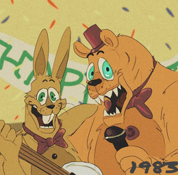 alternate_species ambiguous_gender anthro banjo_(instrument) blue_eyes bow_tie buckteeth button_(fastener) clothing duo electronics freckles fur green_eyes hat headgear headwear holding_object long_ears looking_at_viewer microphone musical_instrument open_mouth open_smile plucked_string_instrument sharp_teeth smile string_instrument teeth whiskers yellow_body yellow_fur mr.wormdwideweb five_nights_at_freddy's five_nights_at_freddy's_3 five_nights_at_freddy's_4 scottgames fredbear_(fnaf) spring_bonnie_(fnaf) bear lagomorph leporid mammal rabbit ursine 2020