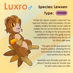 blue_eyes brown_body brown_fur feral fur heterochromia lore male orange_eyes psychic semi-anthro solo text jonatanm fakemon fan_character luxro lewxen mammal 1:1 digital_media_(artwork) english_text model_sheet