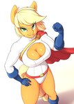 anthro anthrofied big_breasts blonde_hair breasts cape cleavage cleavage_cutout clothed clothing cosplay costume crossover_cosplay cutout female freckles green_eyes grin hair long_hair looking_at_viewer simple_background smile solo superhero white_background skecchiart dc_comics friendship_is_magic hasbro my_little_pony applejack_(mlp) power_girl earth_pony equid equine horse mammal pony 2016 crossover hi_res