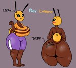 antennae_(anatomy) anthro big_breasts big_butt blue_eyes blush body_writing bottomwear breasts brown_body butt clothing female shirt short_stack shorts solo text topwear writing_on_butt jovi_cap lambee_(jovi_cap) arthropod bee hymenopteran insect english_text hi_res model_sheet