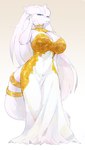 absurd_res anthro big_breasts biped blue_eyes breasts buta99 cleavage clothed clothing dress female fur generation_5_pokemon hi_res legendary_pokemon looking_at_viewer nintendo pokemon pokemon_(species) reshiram solo white_body white_fur