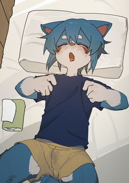 anthro bed blue_body blue_fur blue_hair blush bottomwear clothing eyes_closed fur furniture hair inside looking_pleasured lying lying_on_bed male on_back on_bed open_mouth pillow shirt shorts solo spread_legs spreading tissue_box tongue topwear white_body white_fur young young_anthro young_male toye2004 qing_gou canid canine canis domestic_dog mammal 2026 absurd_res chinese_description hi_res
