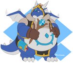 anthro belly blue_body blue_scales male multicolored_body overweight overweight_male scales solo tail white_body white_scales harushipanda mythology tribal_hunter dragon mythological_creature mythological_scalie scalie absurd_res hi_res