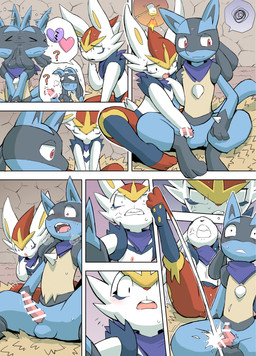 ambiguous_gender anthro biped blue_body blue_fur blush bodily_fluids buckteeth censor_bar duo erection fangs female flaccid fur genitals male male/female penis red_eyes sitting spread_legs spreading sweat tail tan_body tan_fur teeth tongue white_body white_fur yamatokuroko965 nintendo pokemon cinderace generation_4_pokemon generation_8_pokemon lucario pokemon_(species) absurd_res hi_res
