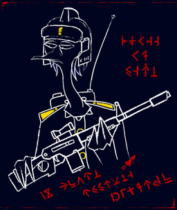 anthro armor clothing feathers gun headgear helmet male ranged_weapon rifle solo text uniform weapon lairuskrokas avian bird galliform peafowl phasianid hi_res