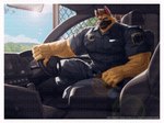 anthro biceps blue_bottomwear blue_clothing blue_pants blue_shirt blue_sky blue_topwear bottomwear brick_wall brown_body brown_fur brown_hair car car_interior chain-link_fence claws clothing computer dress_shirt electronics fence finger_claws fur hair inside_car inside_vehicle laptop light looking_at_viewer male motor_vehicle muscular muscular_anthro muscular_male pants police police_badge police_car police_officer police_uniform police_vehicle shirt sitting sky solo steering_wheel sun sunlight text topwear uniform vehicle vein veiny_muscles wall_(structure) windshield nunudodo jason_steiner canid canine canis domestic_dog german_shepherd herding_dog mammal pastoral_dog 2023 4:3 absurd_res artist_name copyright_name distracting_watermark hi_res watermark